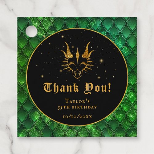 Green Dragon Scales Gold Birthday Thank You Favor Tags
