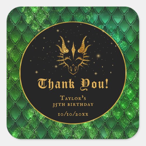 Green Dragon Scales Gold Birthday Thank You Square Sticker