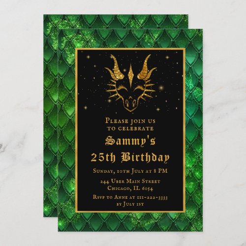 Green Dragon Scales Gold Faux Glitter Birthday Invitation