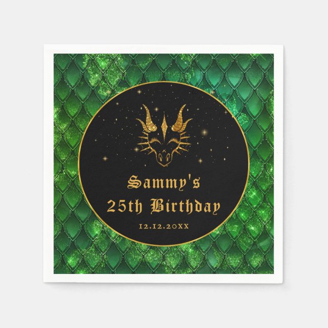 Green Dragon Scales Gold Faux Glitter Birthday Napkins (Front)