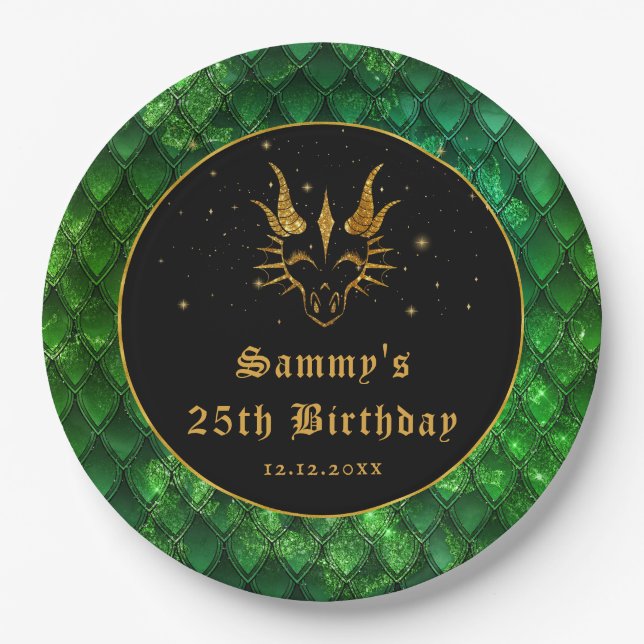 Green Dragon Scales Gold Faux Glitter Birthday Paper Plates (Front)