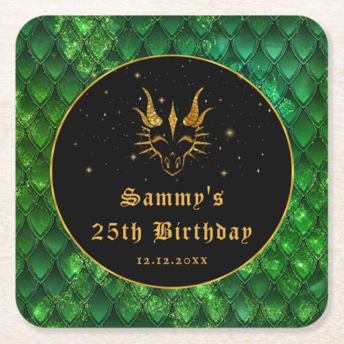 Green Dragon Scales Gold Faux Glitter Birthday Square Paper Coaster
