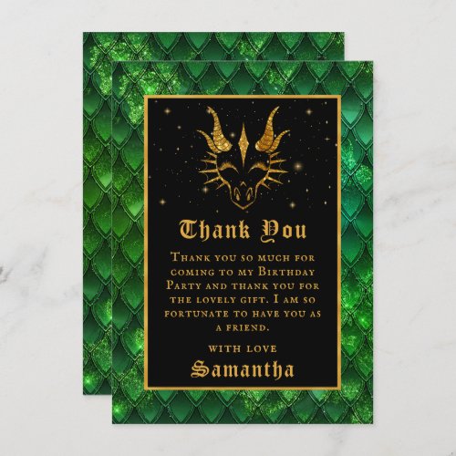 Green Dragon Scales Gold Faux Glitter Birthday Thank You Card