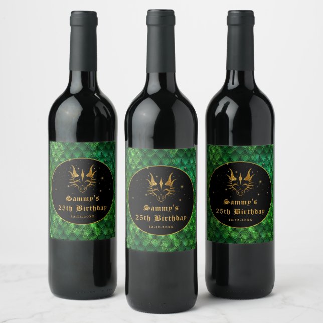 Green Dragon Scales Gold Faux Glitter Birthday Wine Label (Bottles)