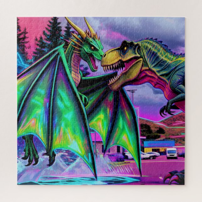 Green Dragon vs Dinosaur Jigsaw Puzzle (Vertical)
