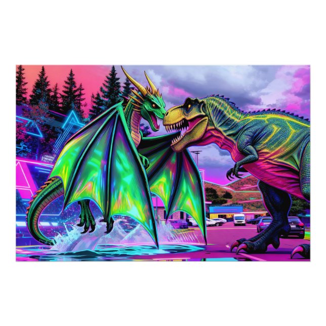 Green Dragon vs Dinosaur Photo Print (Front)