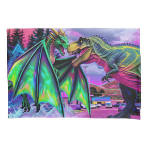 Green Dragon vs Dinosaur Pillow Case
