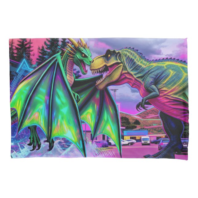 Green Dragon vs Dinosaur Pillow Case (Front)