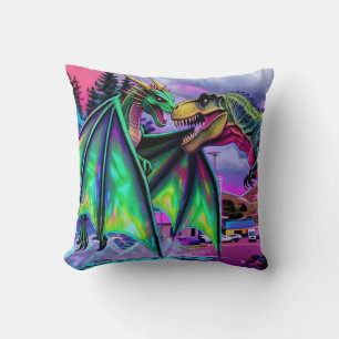 Green Dragon vs Dinosaur Throw Pillow