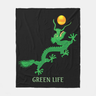 Green Dragon with Golden Sun Ball on Black Fleece Blanket