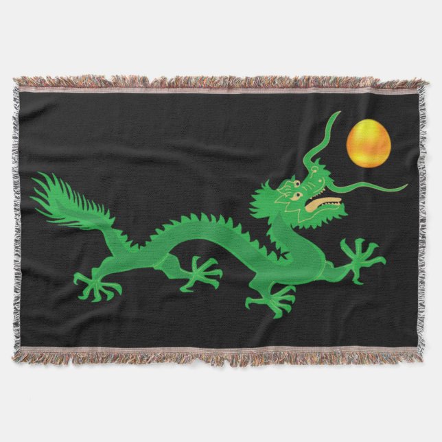 Green Dragon with Golden Sun Ball on Black Throw Blanket (Front)