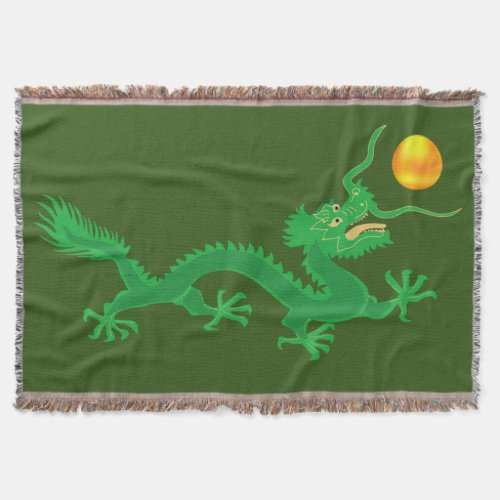 Green Dragon with Golden Sun Ball on Green Throw Blanket