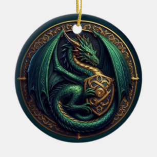 Green Dragon with Shield Ceramic Ornament