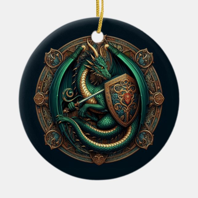 Green Dragon with Sword Ceramic Ornament (Front)