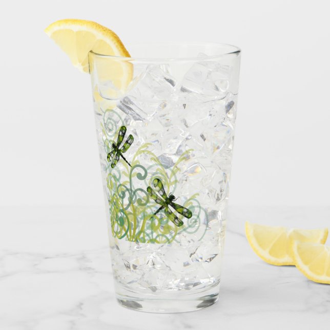 Green Dragonflies Drinking Glass (Front Ice)