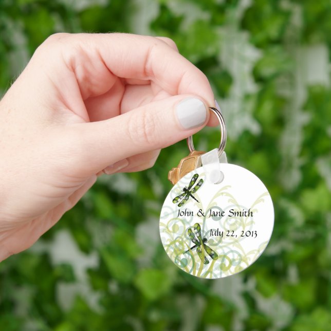 Green Dragonflies Wedding Favor Keychain (Hand)