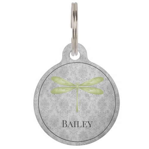 Green Dragonfly Damask Round Pet Tag