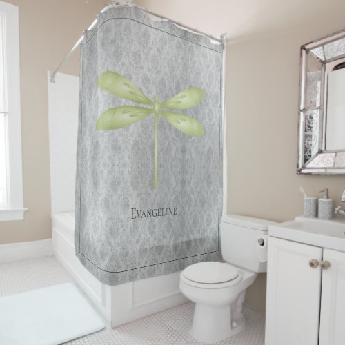 Green Dragonfly Damask Shower Curtain