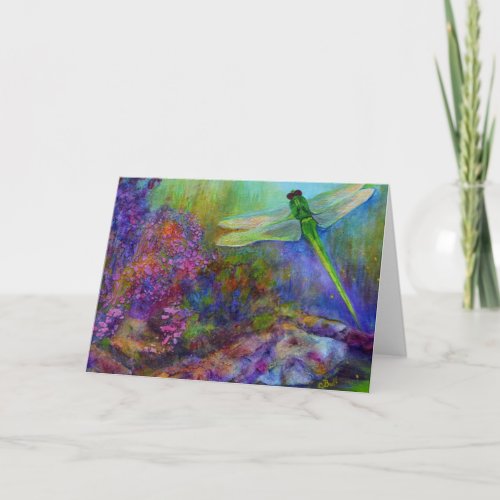 Green Dragonfly Flower Garden Art Card