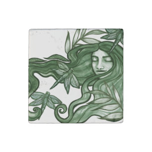 Green Dragonfly Goddess Art Dragonflies   Stone Magnet