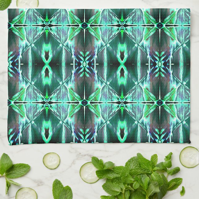 Green drawing repetition generating various shapes kitchen towel (Folded)