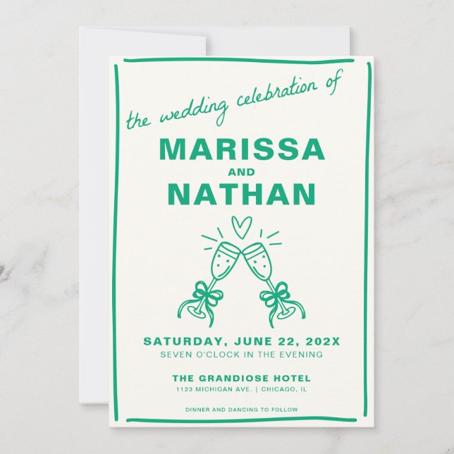 Green Drawn Together Champagne Wedding Invitation (Front)