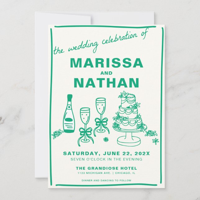 Green Drawn Together Wedding Invitation (Front)