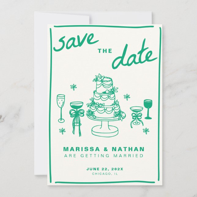 Green Drawn Together Wedding with Photo Save The Date (Front)