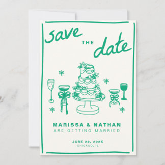Green Drawn Together Wedding with Photo Save The Date