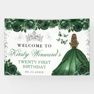 Green Dress Blonde Princess Floral Birthday Banner