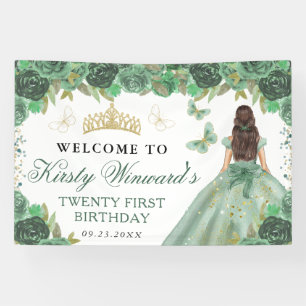 Green Dress Brunette Princess Floral Birthday Banner