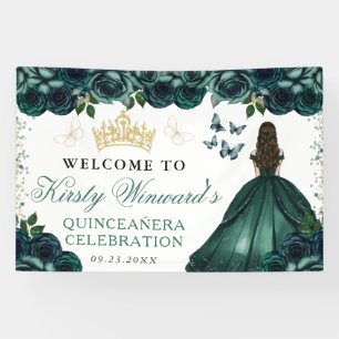 Green Dress Brunette Princess Floral Quinceanera Banner