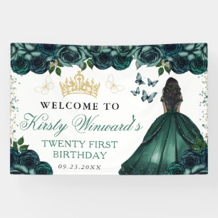 Green Dress Dark Skin Princess Floral Birthday Banner