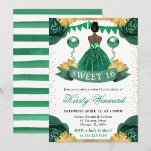 Green Dress Dark Skin Princess Sweet 16 Invitation