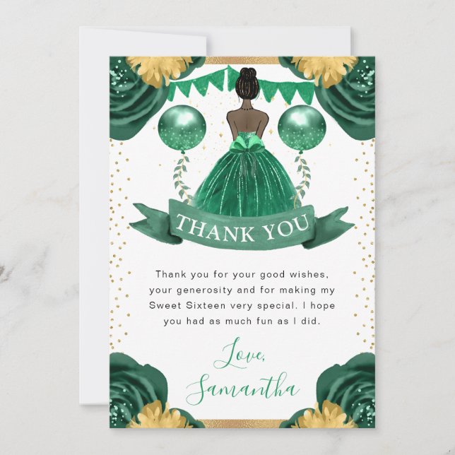 Green Dress Dark Skin Princess Sweet 16 Thank You Card (Front)