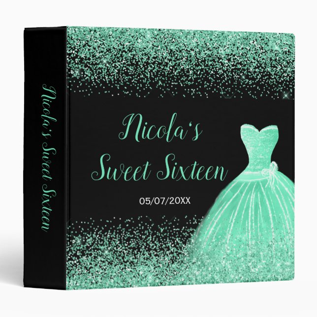 Green Dress Faux Glitter Sweet 16 Photo Album 3 Ring Binder (Front/Spine)