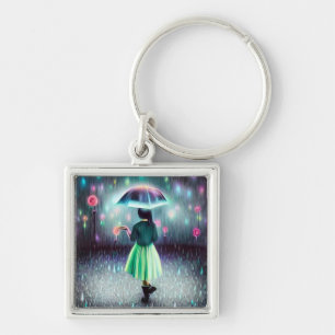Green Dress Girl in the Rain Keychain
