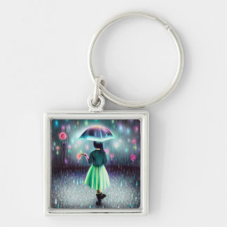 Green Dress Girl in the Rain Keychain