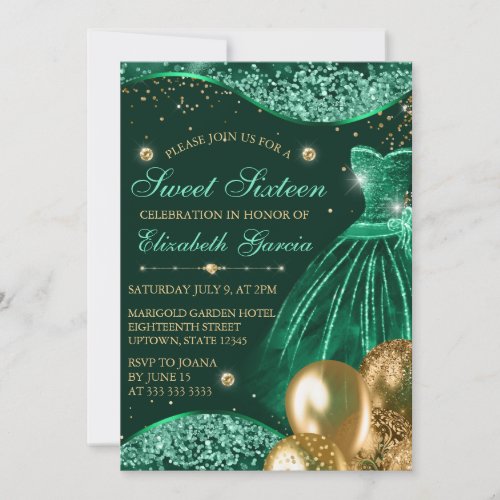 Green Dress  Gold Glitter Balloons Sweet 16 Invitation