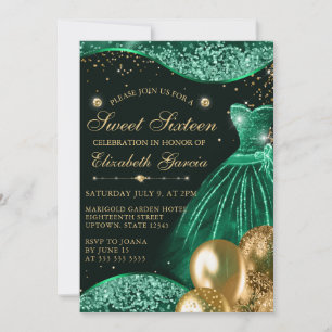 Green Dress & Gold Glitter Balloons Sweet 16 Invitation