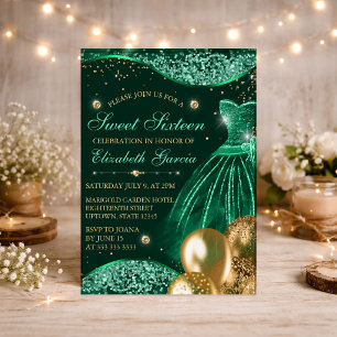 Green Dress & Gold Glitter Balloons Sweet 16 Invitation