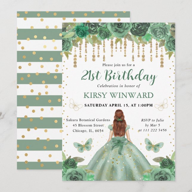 Green Dress Red Haired Princess Birthday Invitation (Front/Back)