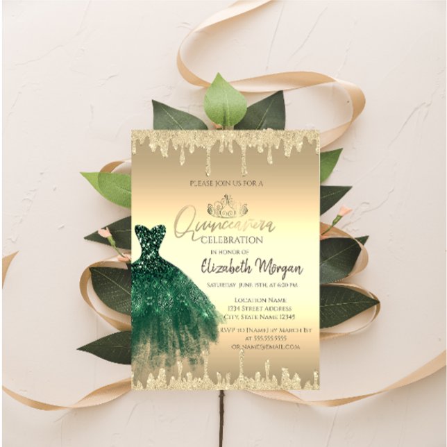 Green Dress,Tiara,Glitter Drips Gold Quinceañera  Invitation (Creator Uploaded)