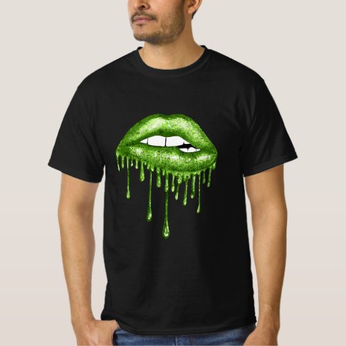 Green Dripping Biting Lips Faux Lipstick Effect 80 T_Shirt