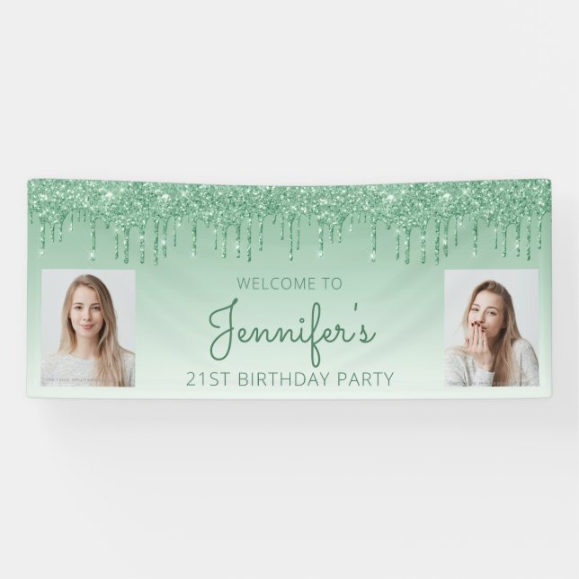 Green Dripping Glitter Two Photo 21st Birthday Banner (Horizontal)