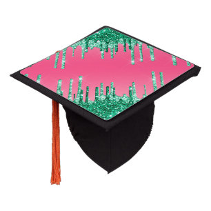 Green Dripping Glitters Chic Pink Watermelon Color Graduation Cap Topper