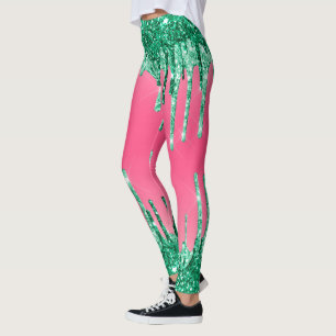 Green Dripping Glitters Chic Pink Watermelon Color Leggings