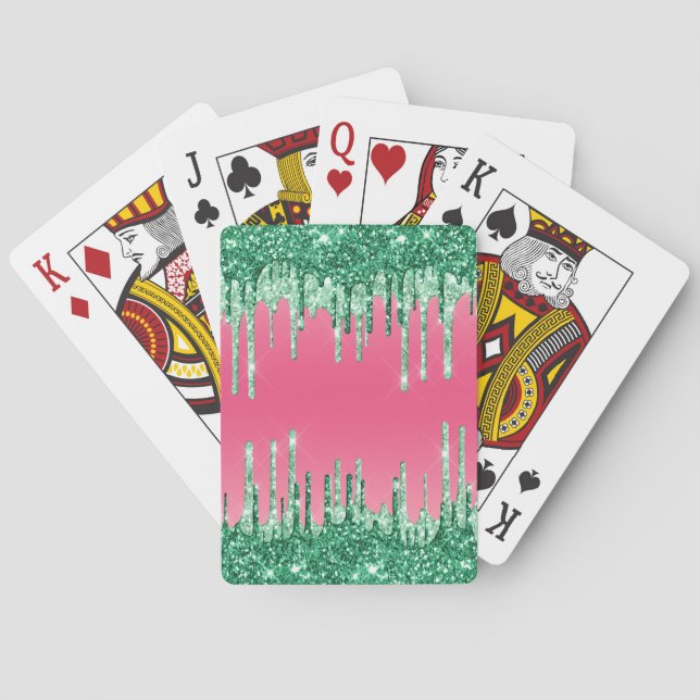 Green Dripping Glitters Chic Pink Watermelon Color Poker Cards (Back)