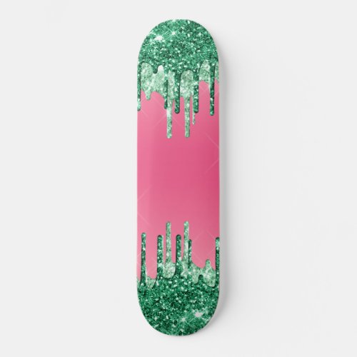 Green Dripping Glitters Chic Pink Watermelon Color Skateboard