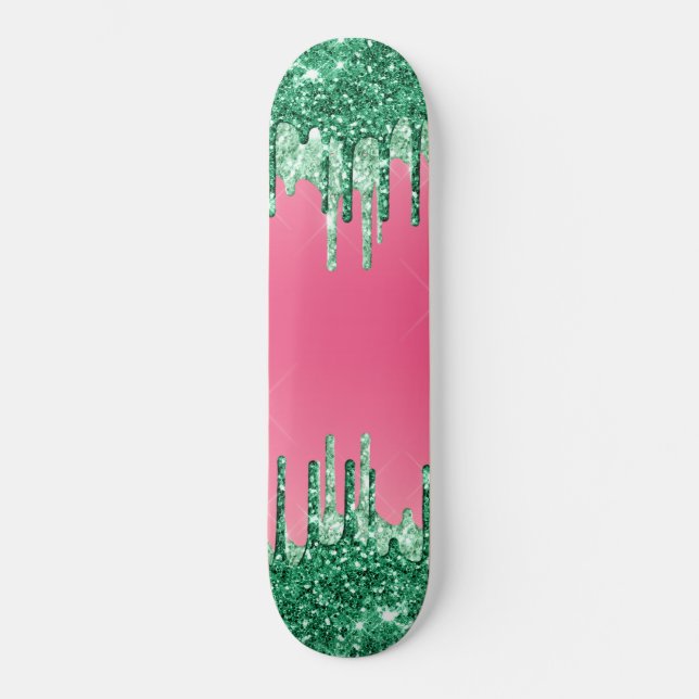 Green Dripping Glitters Chic Pink Watermelon Color Skateboard (Front)